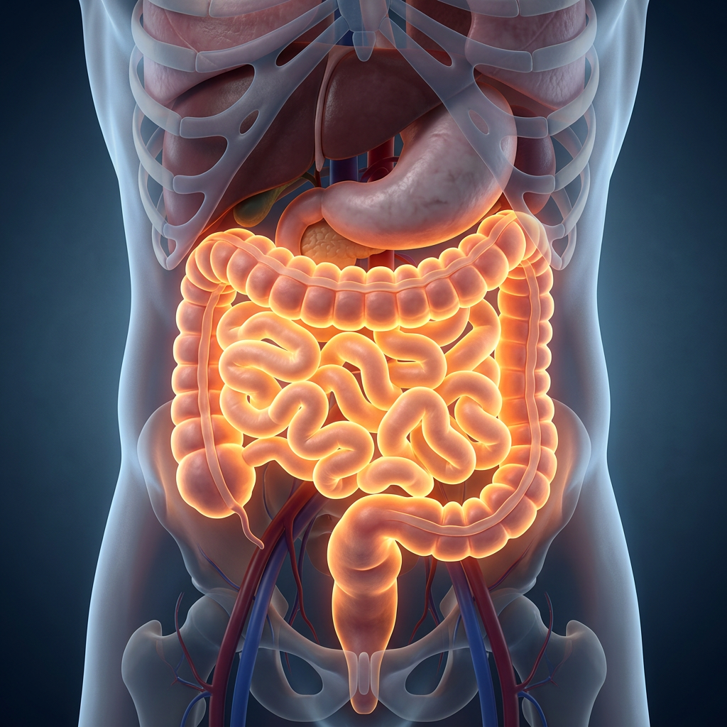 Human torso showing stomach, intestines, and surrounding organs