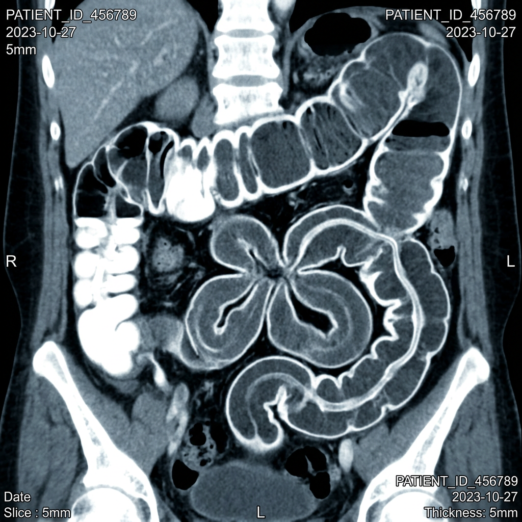 Coronal CT scan image displaying the intestines and surrounding abdominal structures