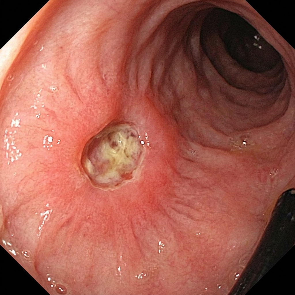 Gastric mucosa with centrally ulcerated lesion with yellowish necrotic base and erythematous edges