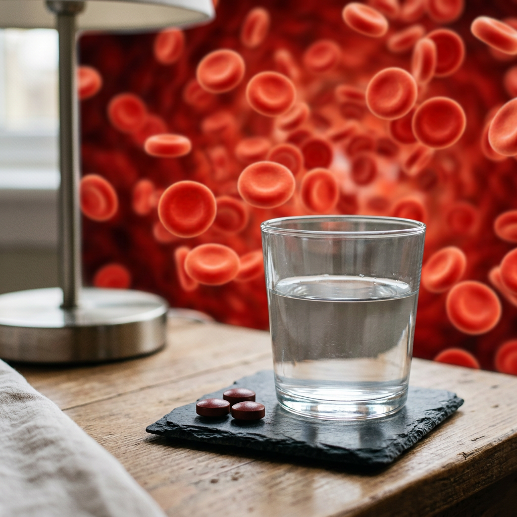 Glass of water with three iron tablets on a slate coaster and red blood cells illustration in background