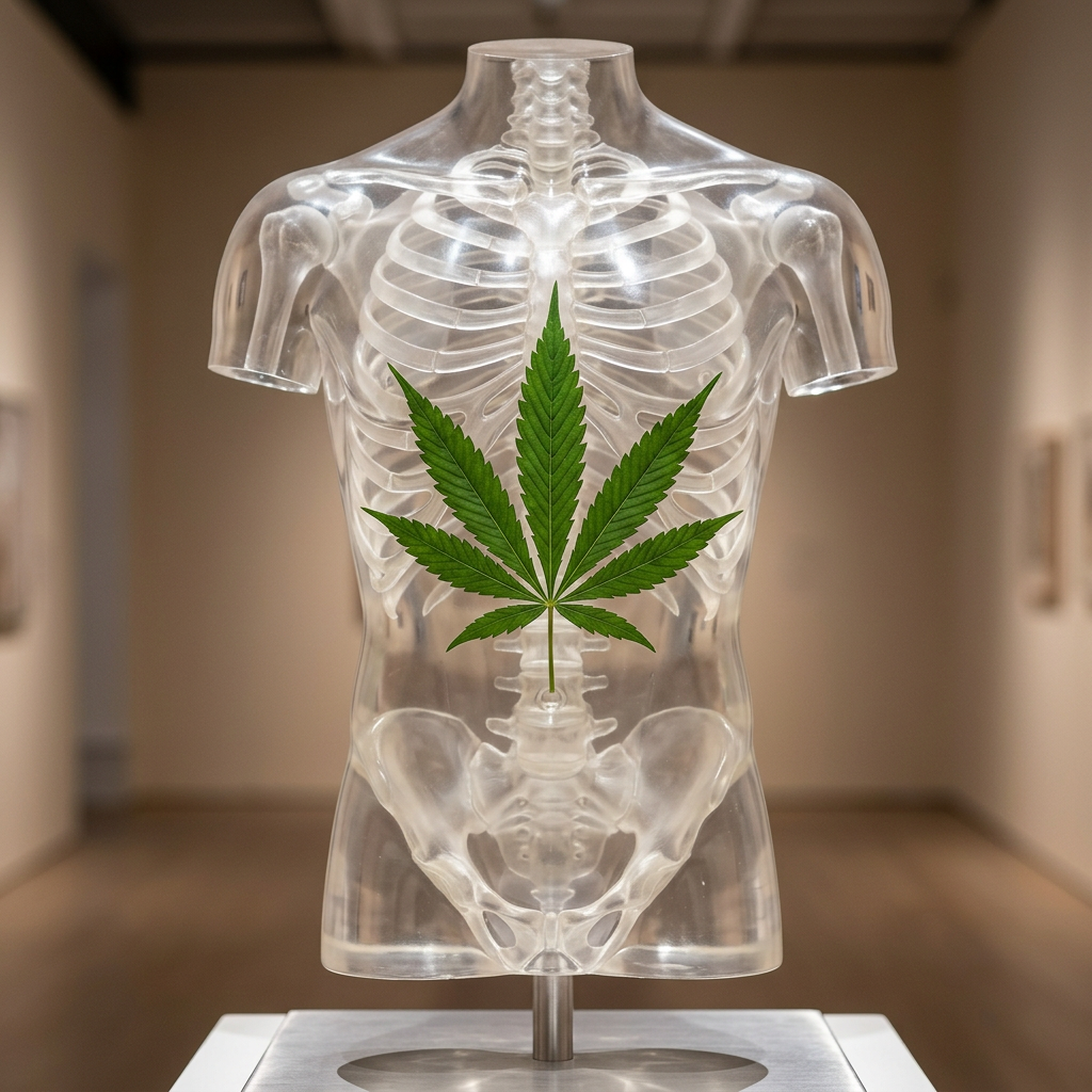 Transparent human torso model with skeleton and cannabis leaf at center