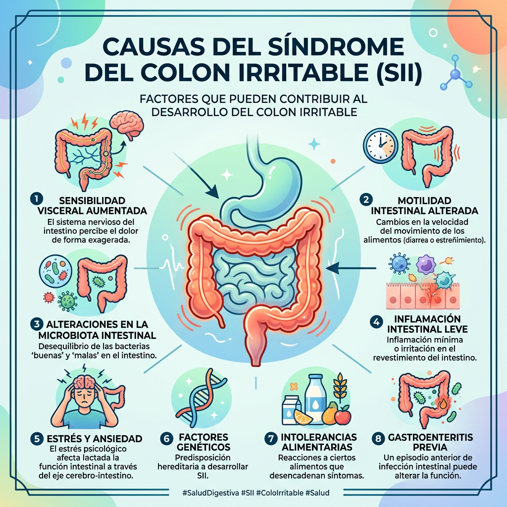 Ilustración de las causas del síndrome del colon irritable con intestino y factores asociados