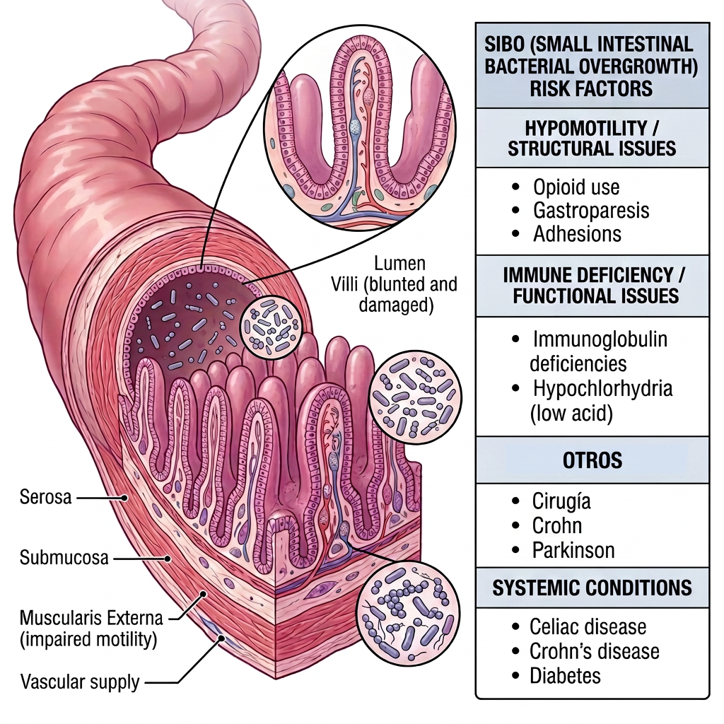 Cross-section of small intestine with labeled layers and bacteria, alongside SIBO risk factors list
