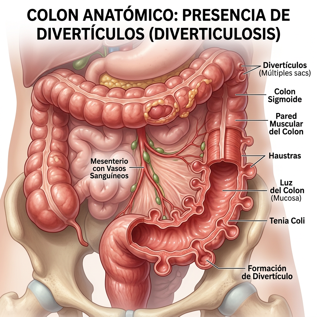 Colon anatómico con texto: “COLON ANATÓMICO: PRESENCIA DE DIVERTÍCULOS (DIVERTICULOSIS)”, divertículos, colon sigmoide, pared muscular del colon, haustras, luz del colon (mucosa), tenia coli, formación de divertículo y mesenterio con vasos sanguíneos.