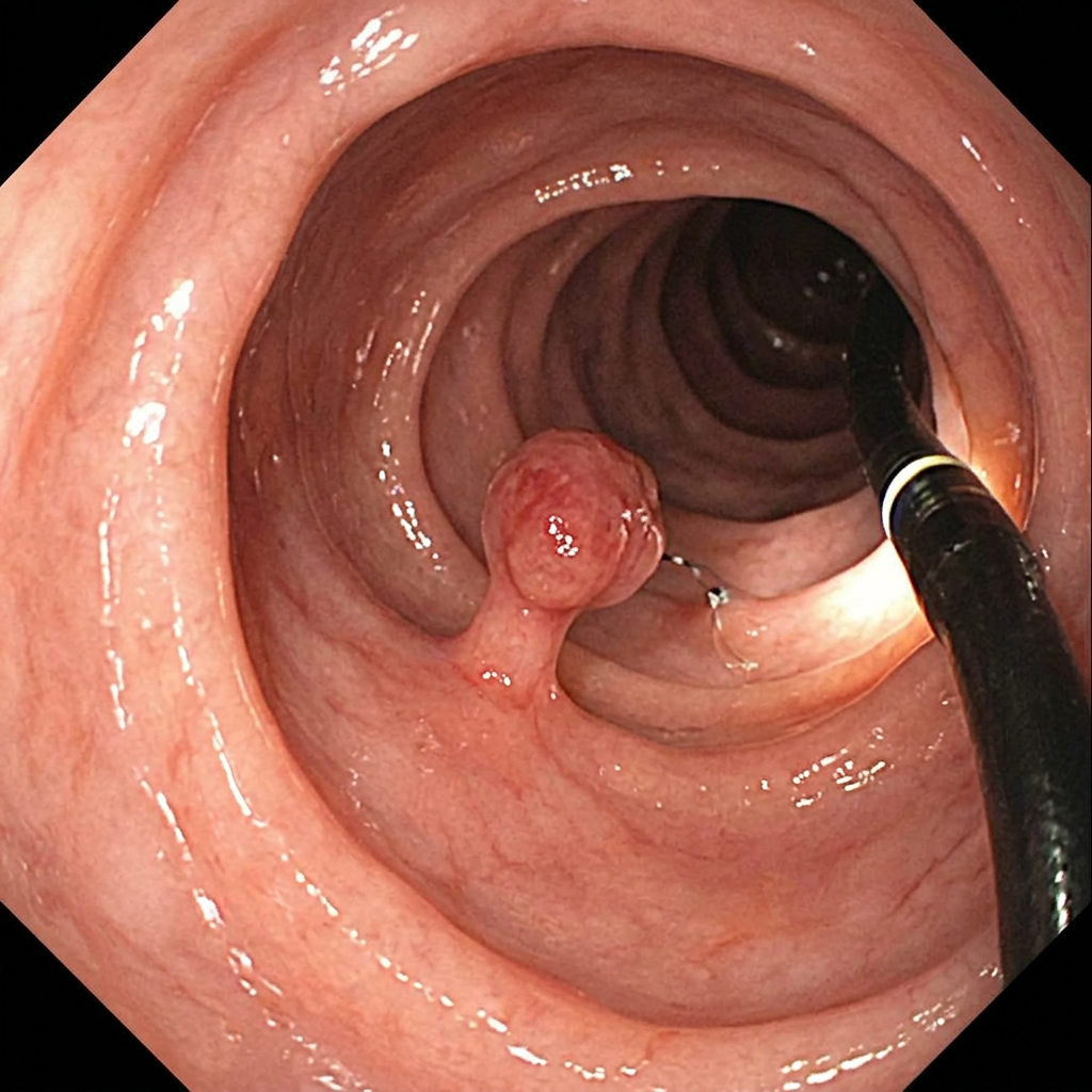 Colonoscopy view showing a raised colorectal polyp and endoscope
