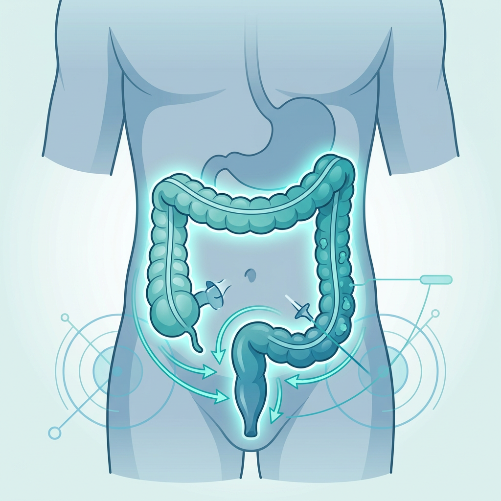Illustration of the colon with arrows showing digestive movement