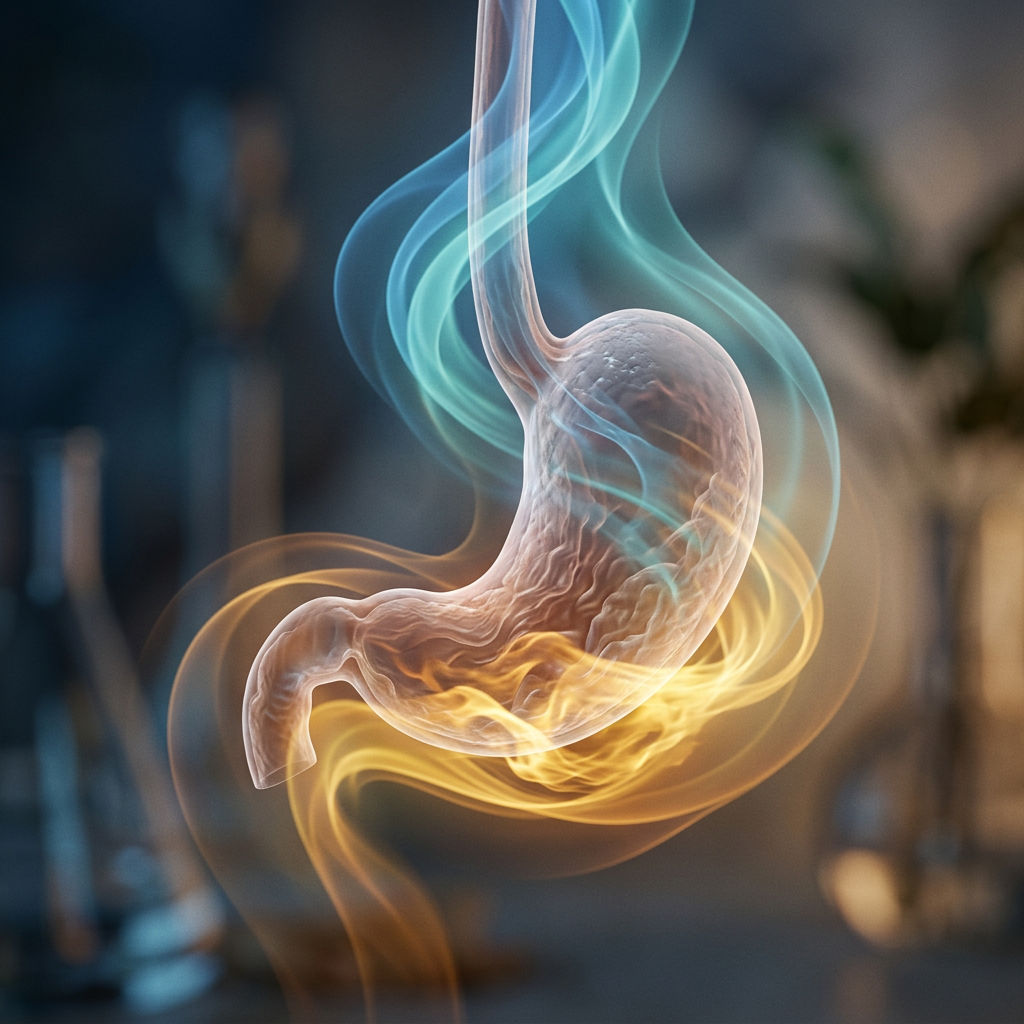 Anatomical stomach surrounded by flowing blue and golden energy waves