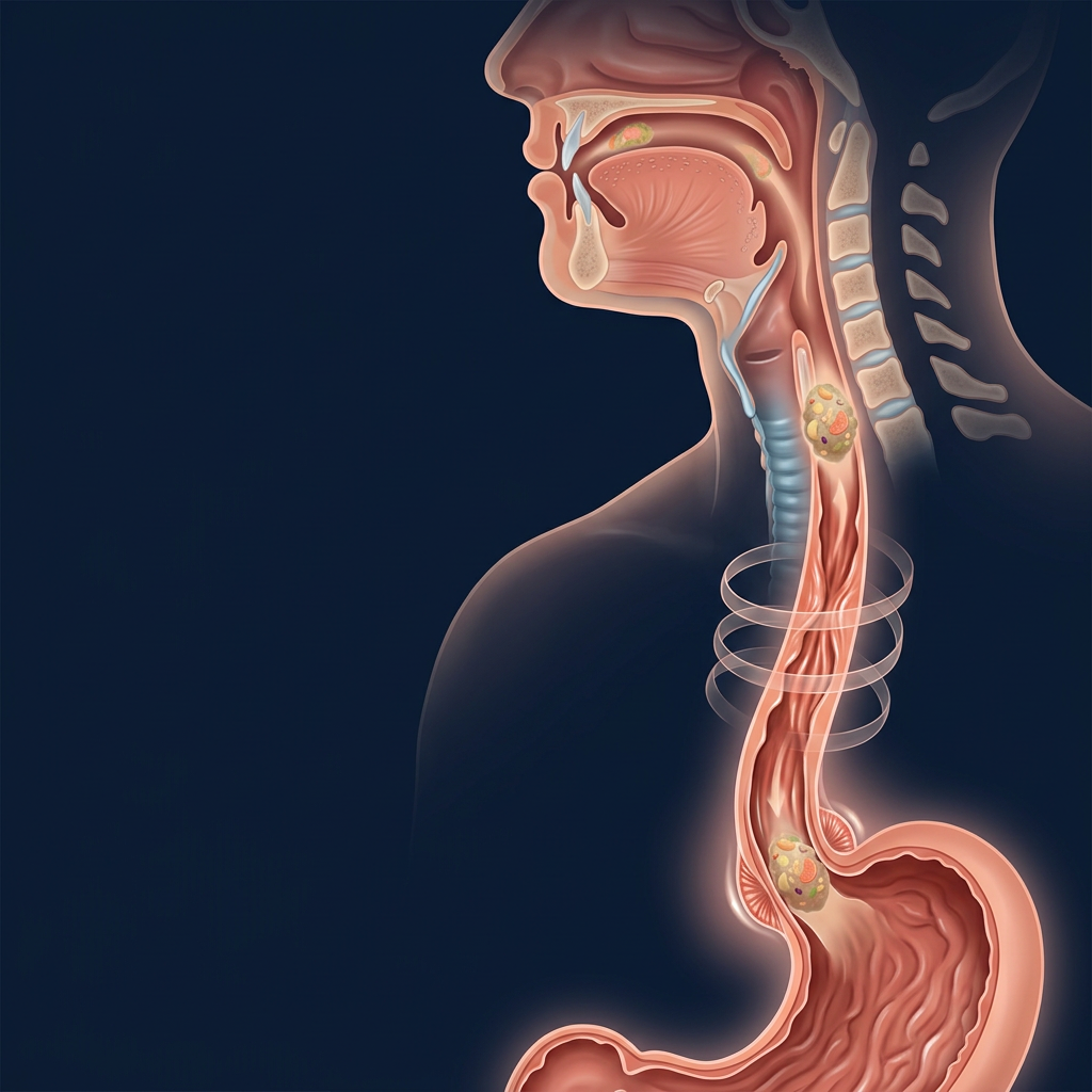 Sagittal illustration of the throat, esophagus, and stomach with highlighted material inside