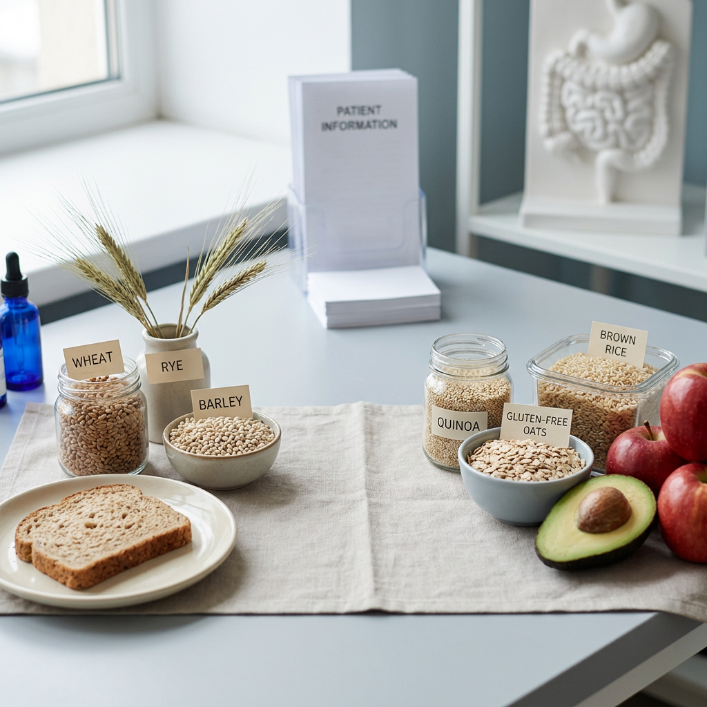 Labels read PATIENT INFORMATION, WHEAT, RYE, BARLEY, QUINOA, GLUTEN-FREE OATS, and BROWN RICE