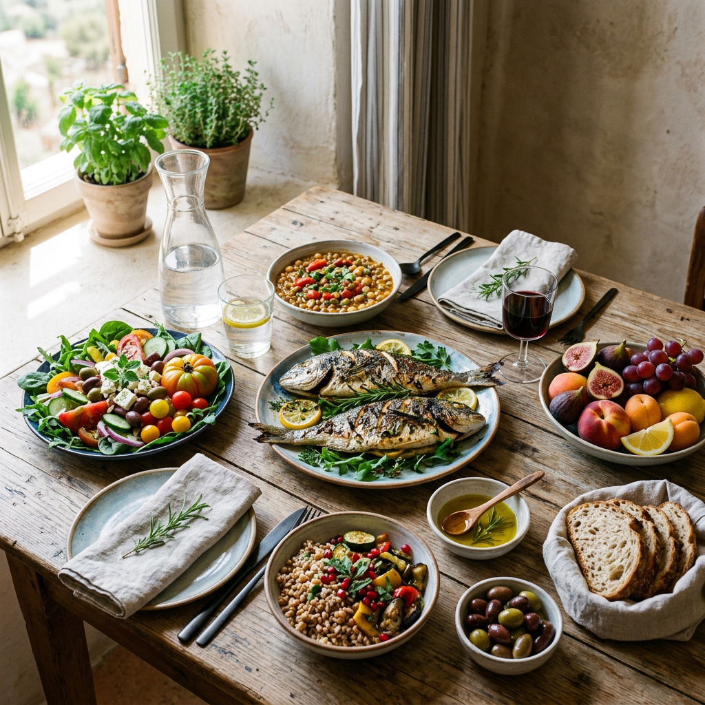 Mediterranean meal with grilled fish, salads, fruit, bread, olives, and wine