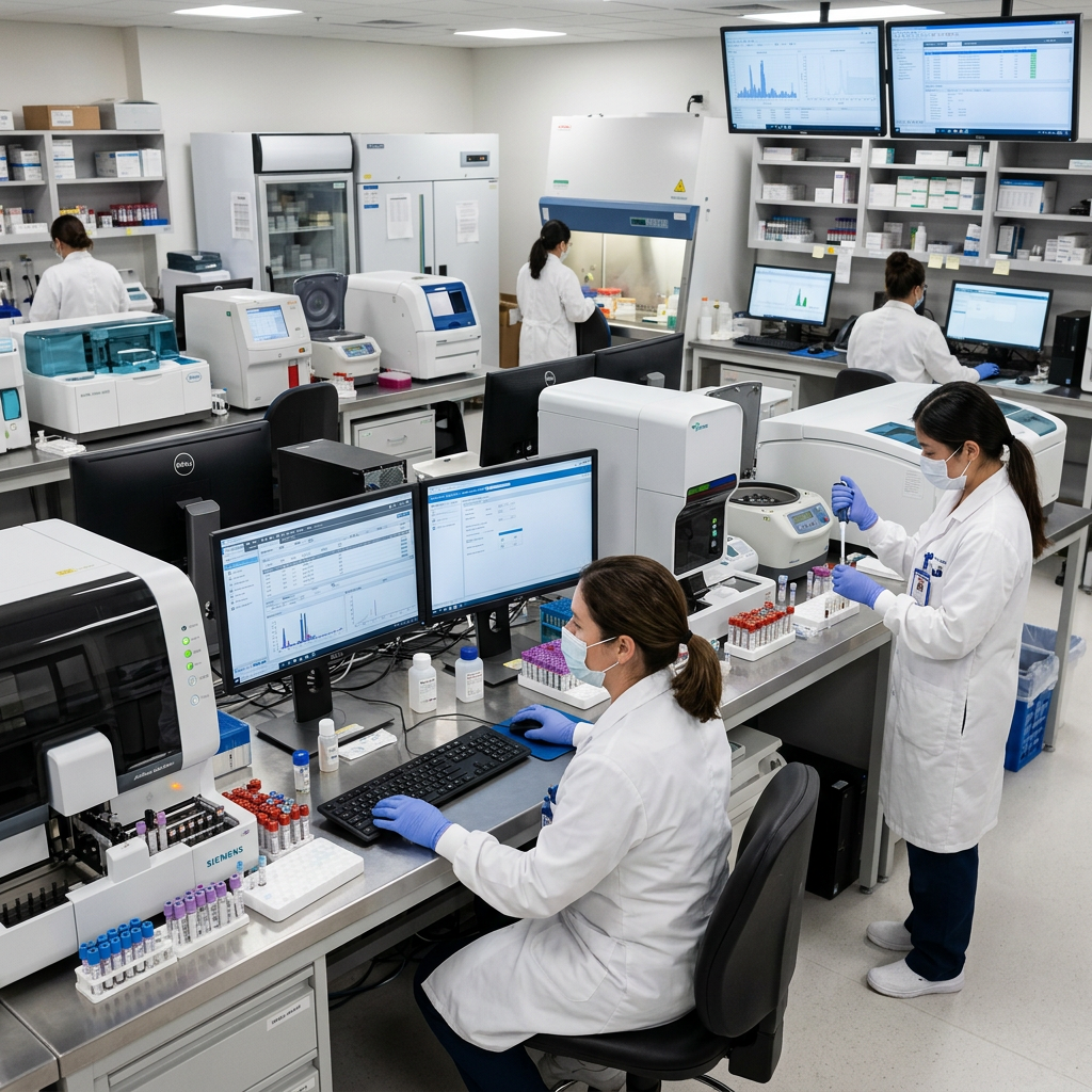 Laboratory professionals processing samples with automated diagnostic equipment